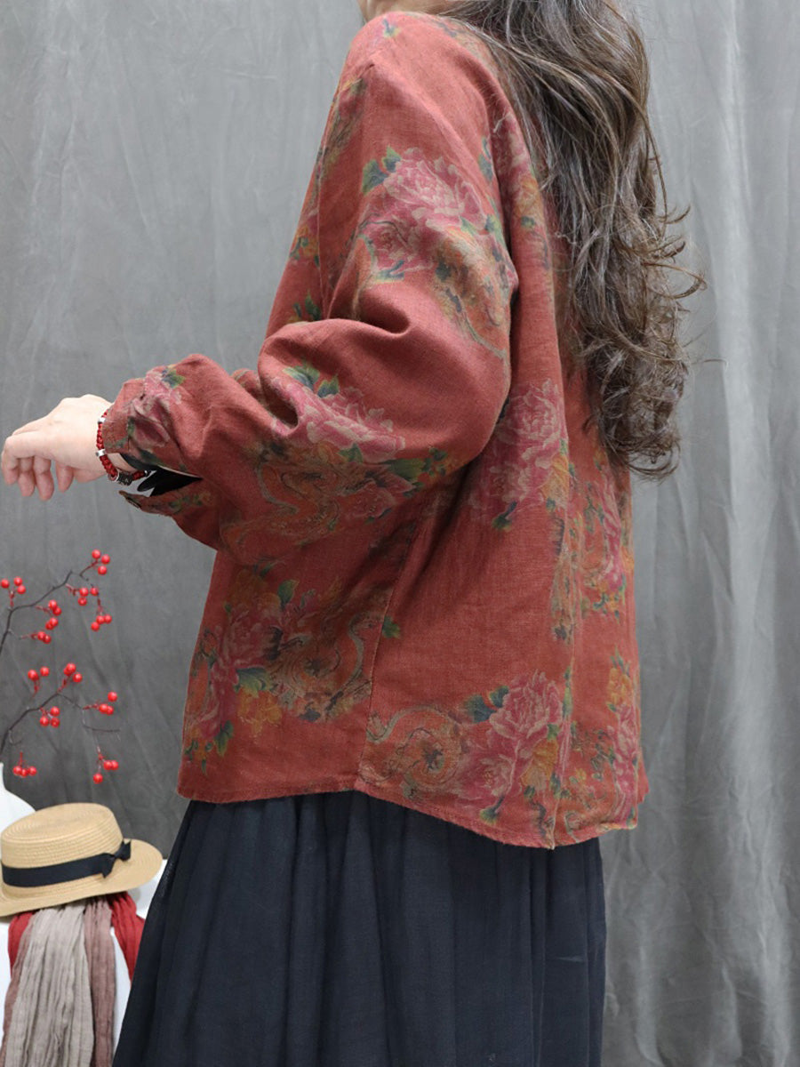 Women Autumn Vintage Flower 100%Linen O-Neck Shirt