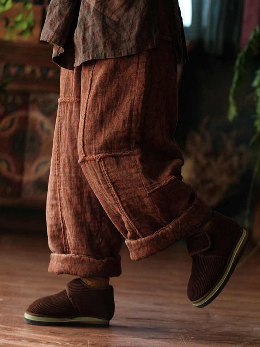 Women Autumn Retro Cotton Wide-leg Padded Pants