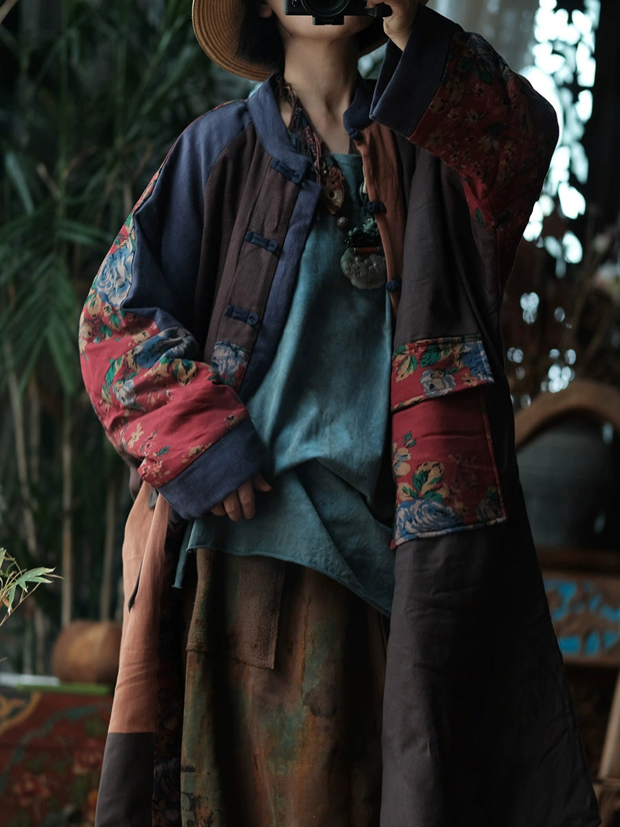 Women Autumn Vintage Patchwork Stand Collar Padded Coat