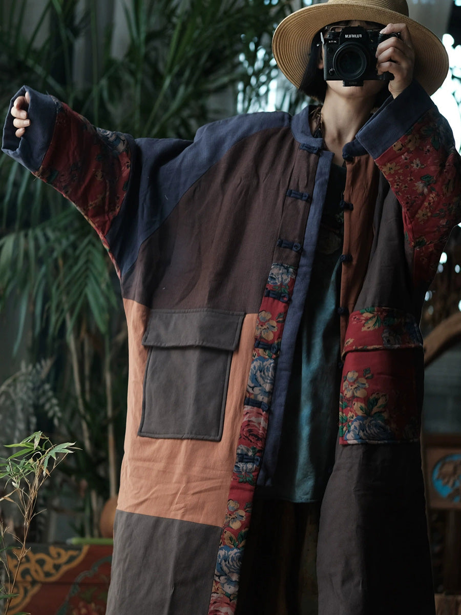 Women Autumn Vintage Patchwork Stand Collar Padded Coat