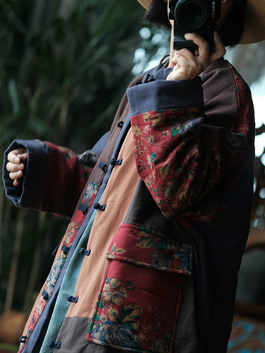 Women Autumn Vintage Patchwork Stand Collar Padded Coat