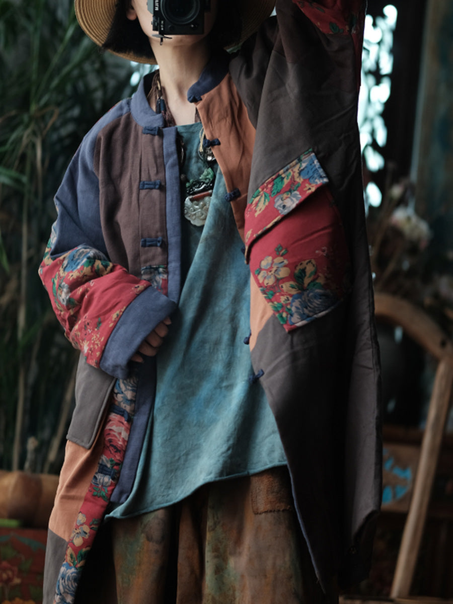 Women Autumn Vintage Patchwork Stand Collar Padded Coat