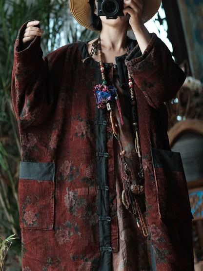 Women Ethnic Autumn Flower O-Neck Corduroy Coat