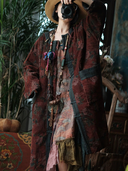 Women Ethnic Autumn Flower O-Neck Corduroy Coat