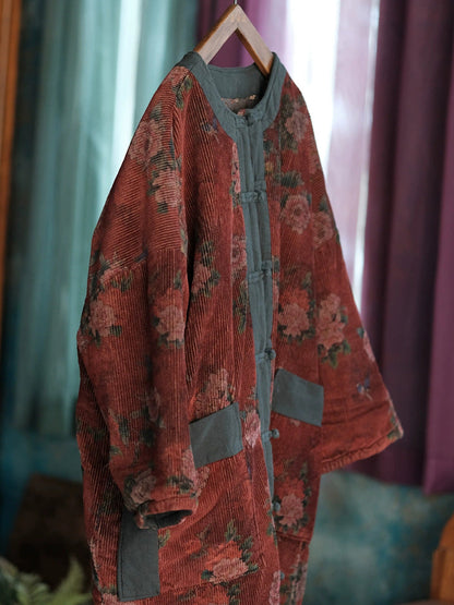 Women Ethnic Autumn Flower O-Neck Corduroy Coat