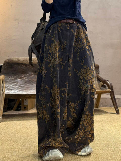 Women Autumn Retro Flower 100%Cotton Wide-leg Pants