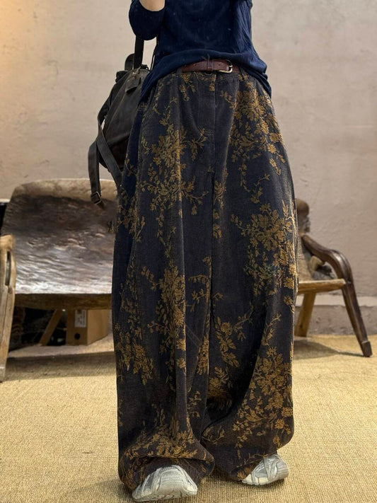 Women Autumn Retro Flower 100%Cotton Wide-leg Pants