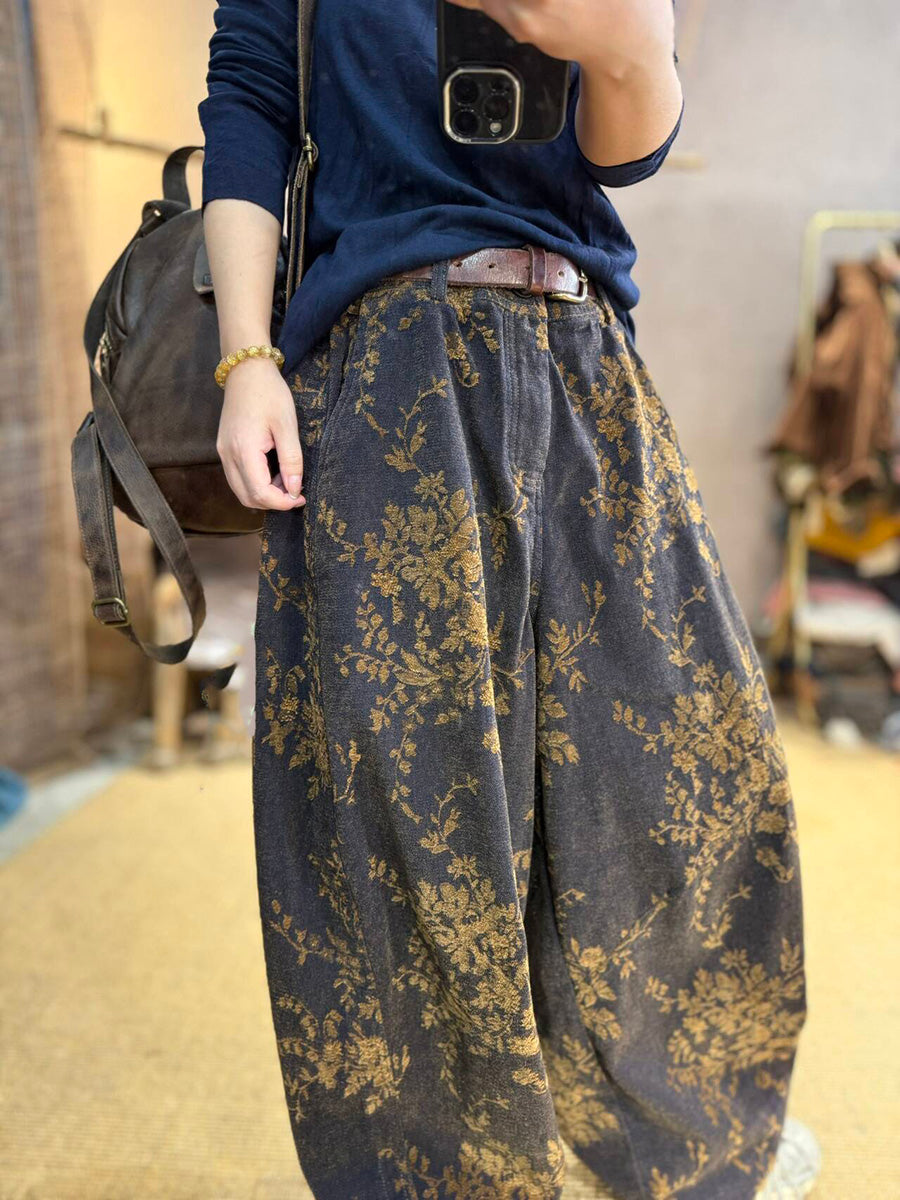 Women Autumn Retro Flower 100%Cotton Wide-leg Pants