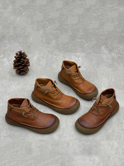 Women Vintage Genuine Leather Spliced Flat Ankle Boots