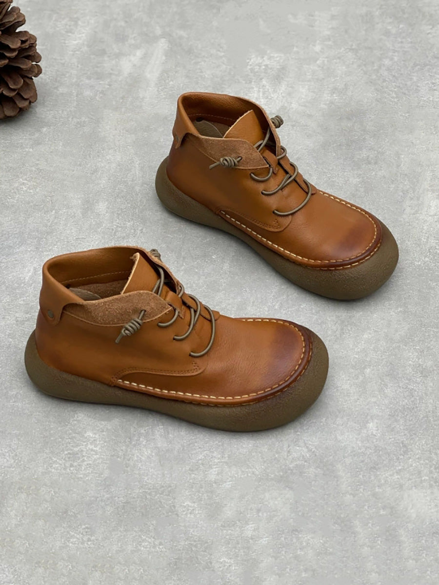 Women Vintage Genuine Leather Spliced Flat Ankle Boots