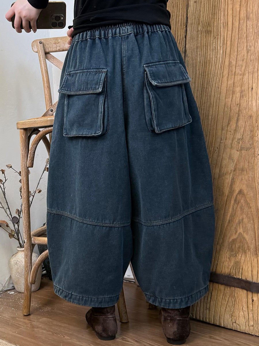 Women Autumn Retro Cotton Harem Fleece-lined Pants