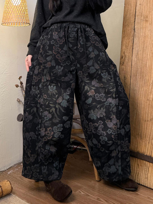 Women Winter Retro Flower Fleece-lined Harem Pants