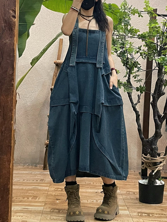 Women Autumn Pure Color Loose Denim Overall Dress