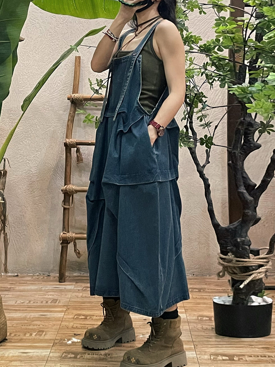 Women Autumn Pure Color Loose Denim Overall Dress