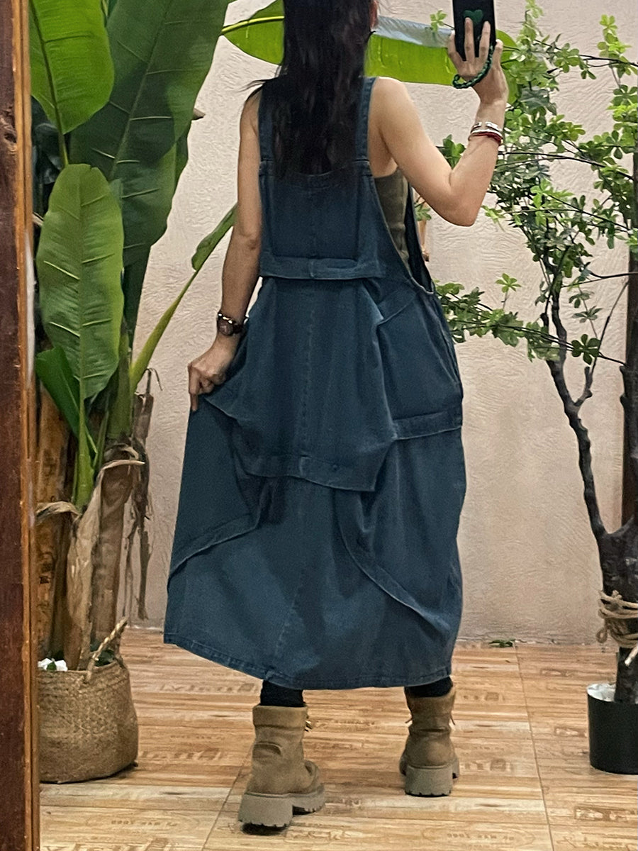 Women Autumn Pure Color Loose Denim Overall Dress