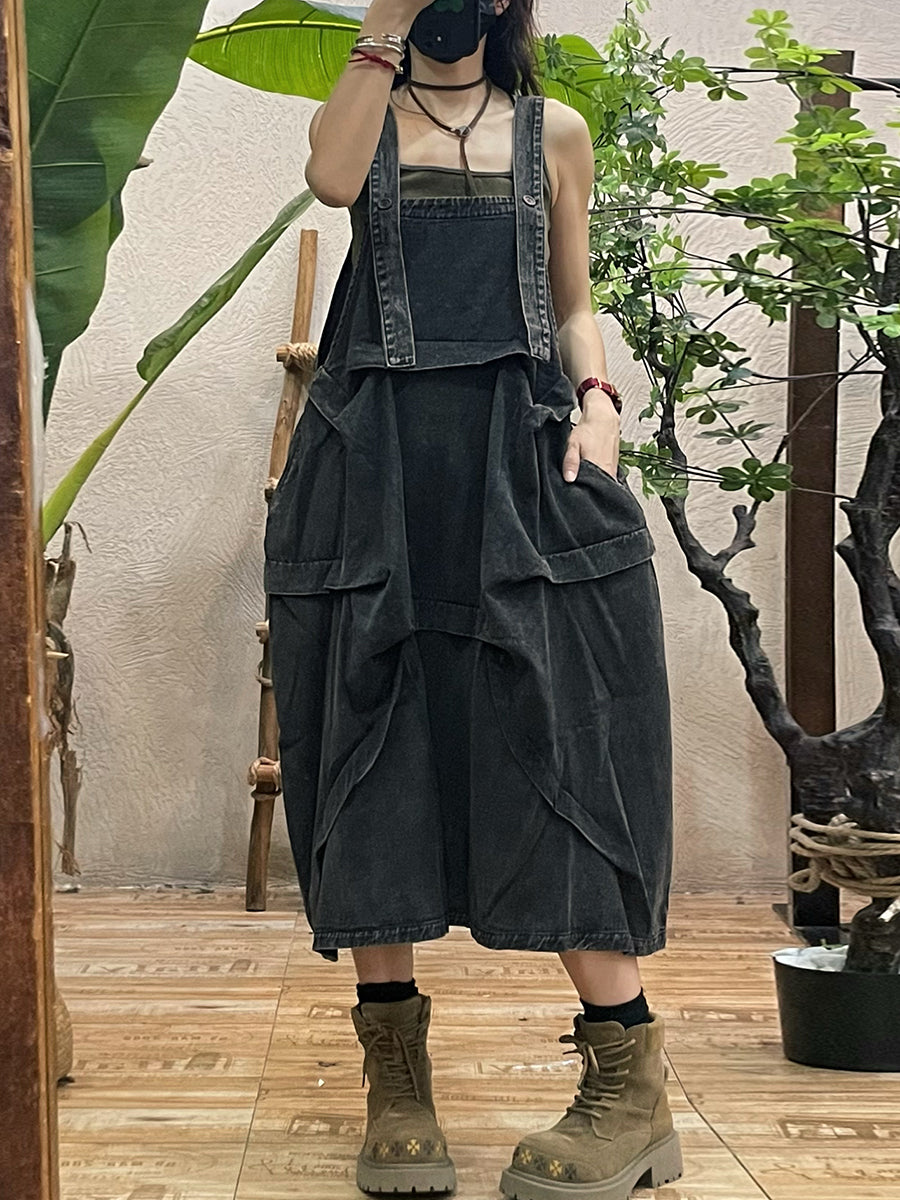 Women Autumn Pure Color Loose Denim Overall Dress