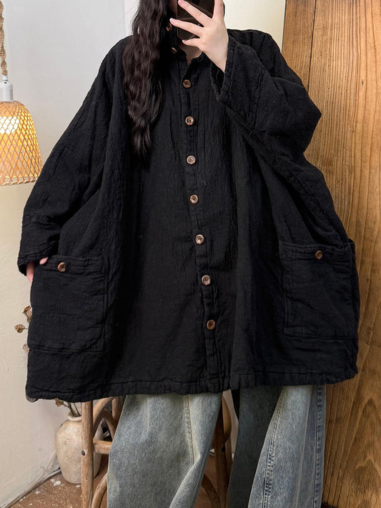 Women Autumn Vintage Pure Color Stand Collar Padded Coat