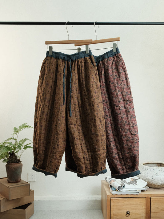 Women Autumn Vintage Floral Linen Harem Padded Pants
