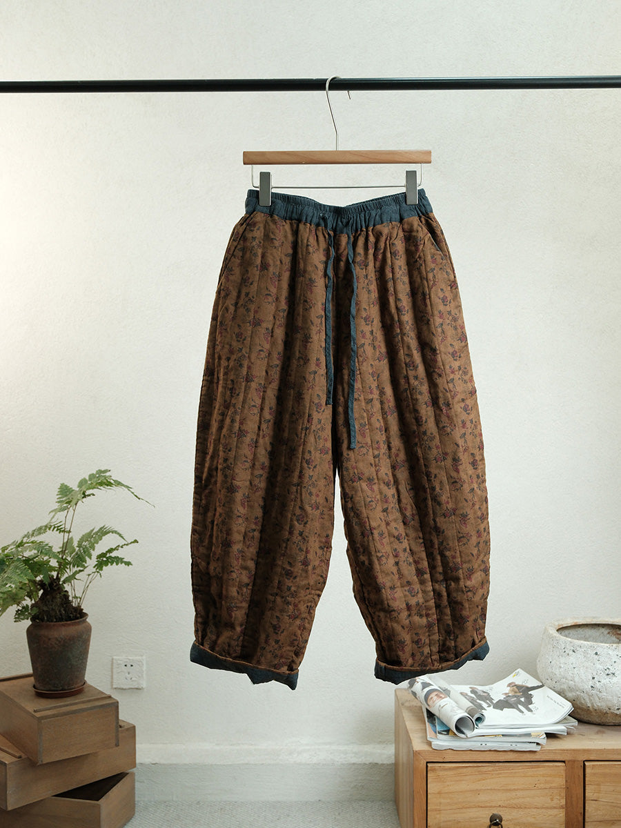 Women Autumn Vintage Floral Linen Harem Padded Pants