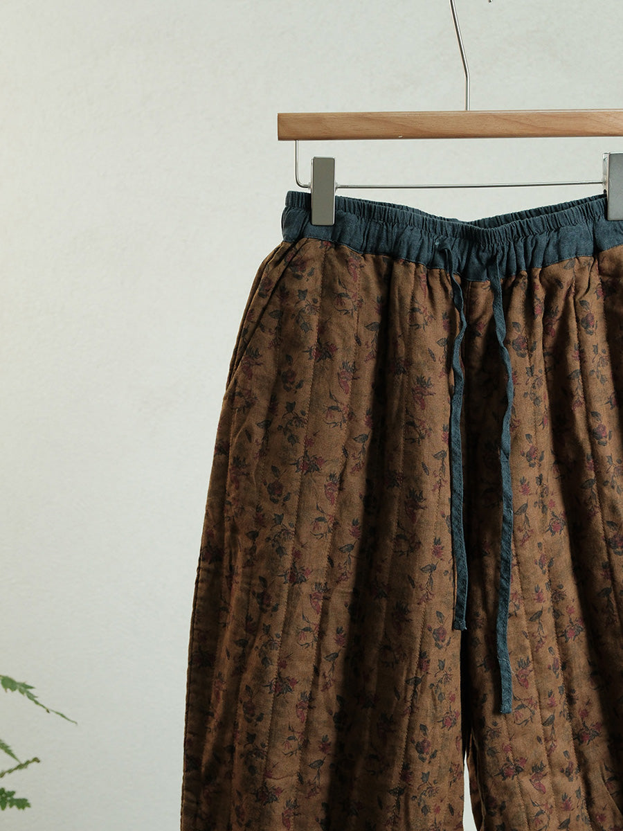Women Autumn Vintage Floral Linen Harem Padded Pants