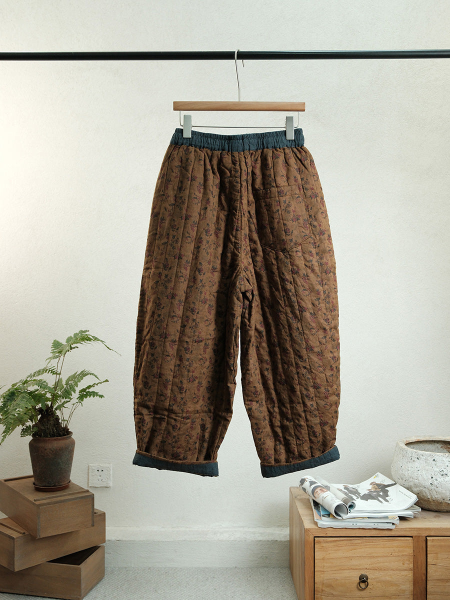 Women Autumn Vintage Floral Linen Harem Padded Pants