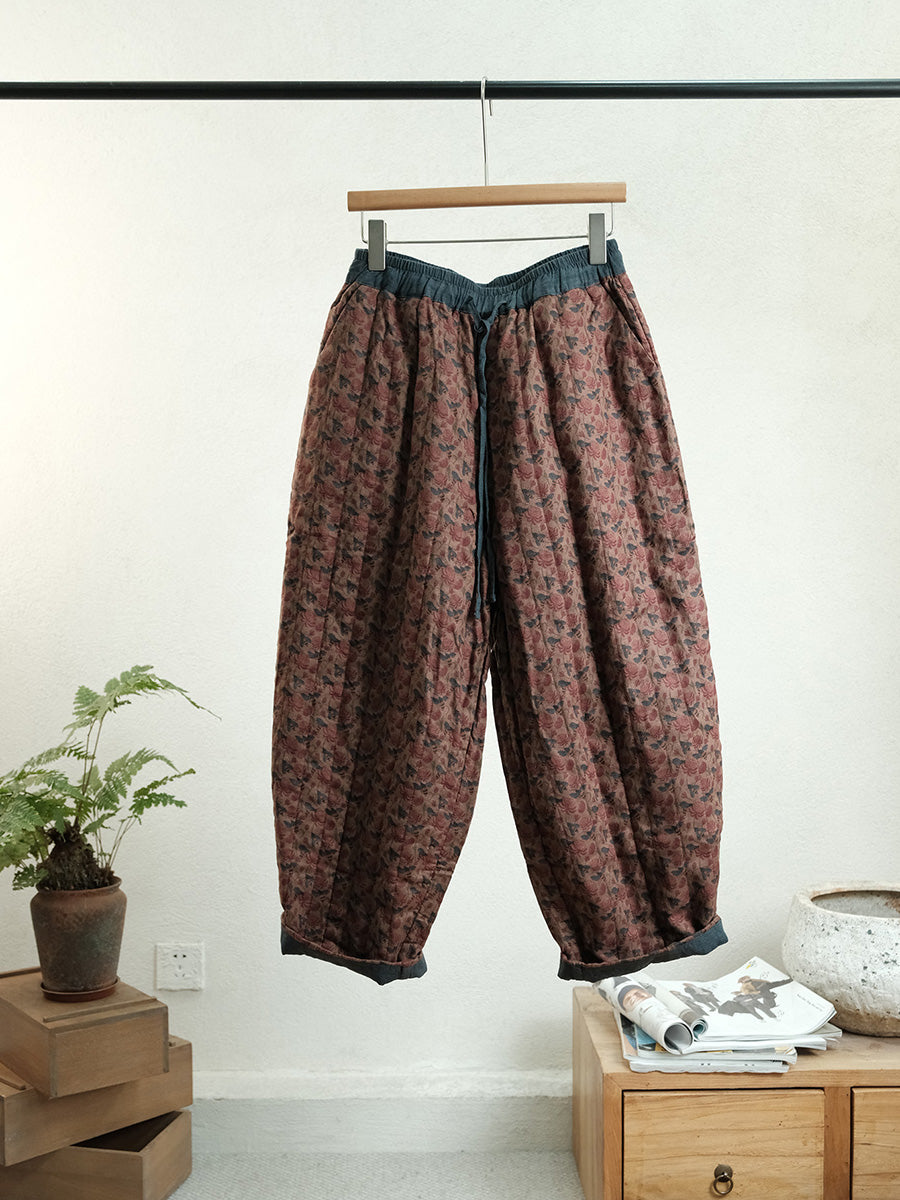 Women Autumn Vintage Floral Linen Harem Padded Pants