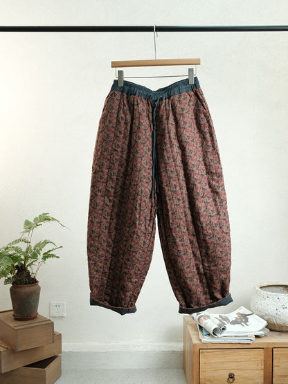 Women Autumn Vintage Floral Linen Harem Padded Pants