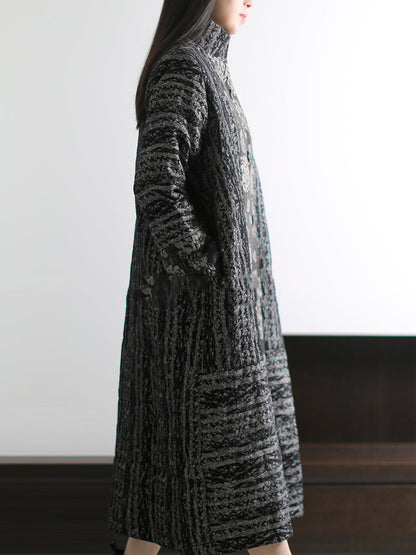 Women Winter Retro Print Stand Collar Padded Long Coat