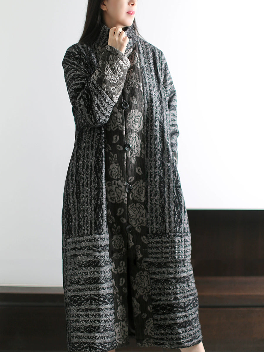 Women Winter Retro Print Stand Collar Padded Long Coat