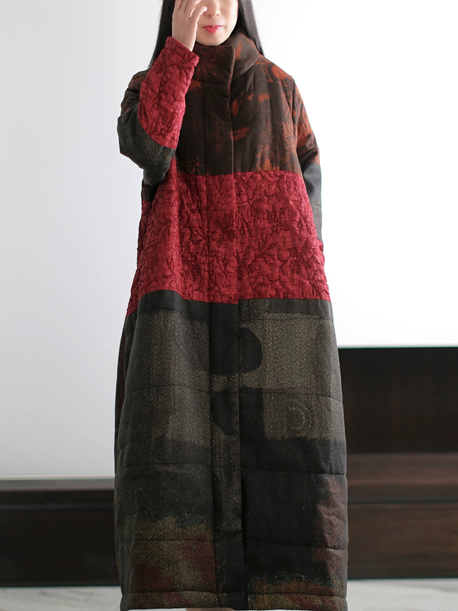 Women Winter Retro Spliced Stand Collar Padded Long Coat