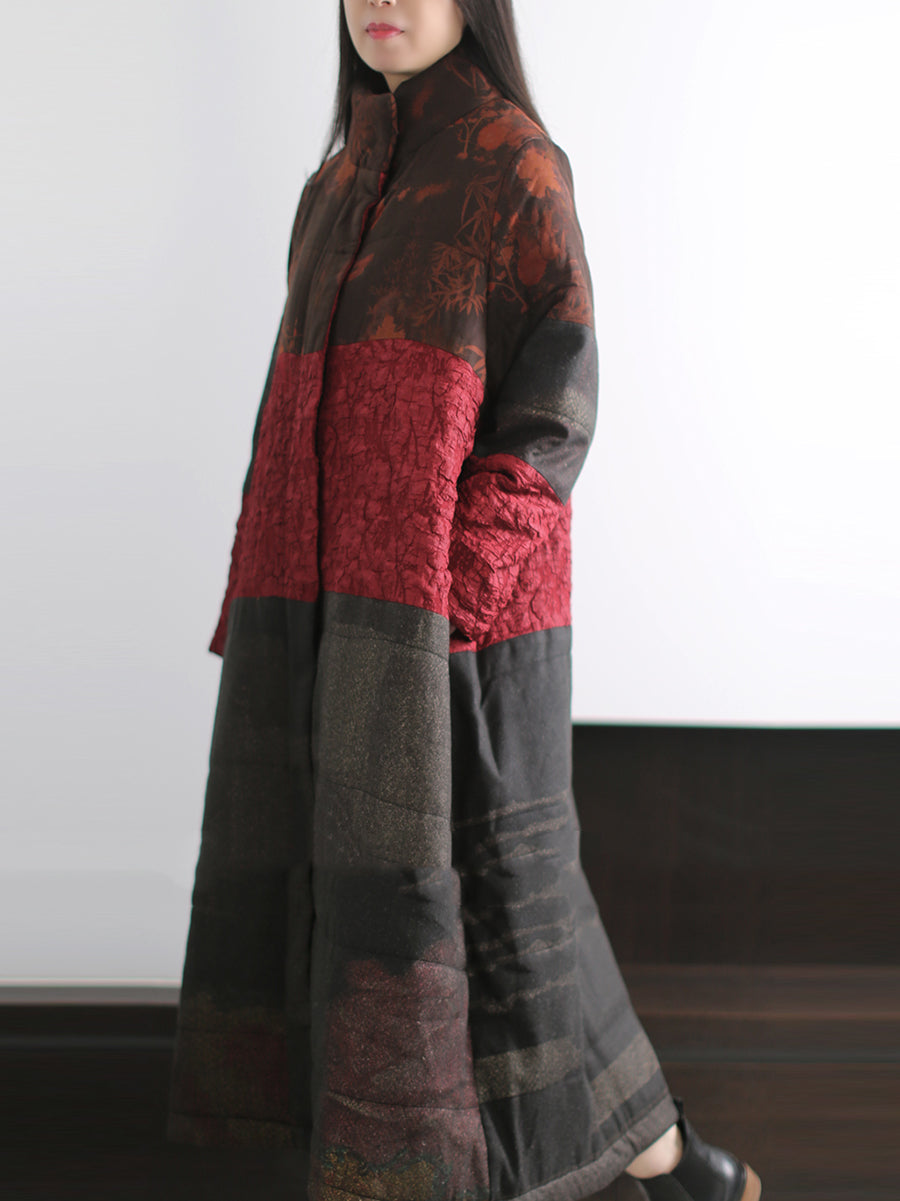 Women Winter Retro Spliced Stand Collar Padded Long Coat