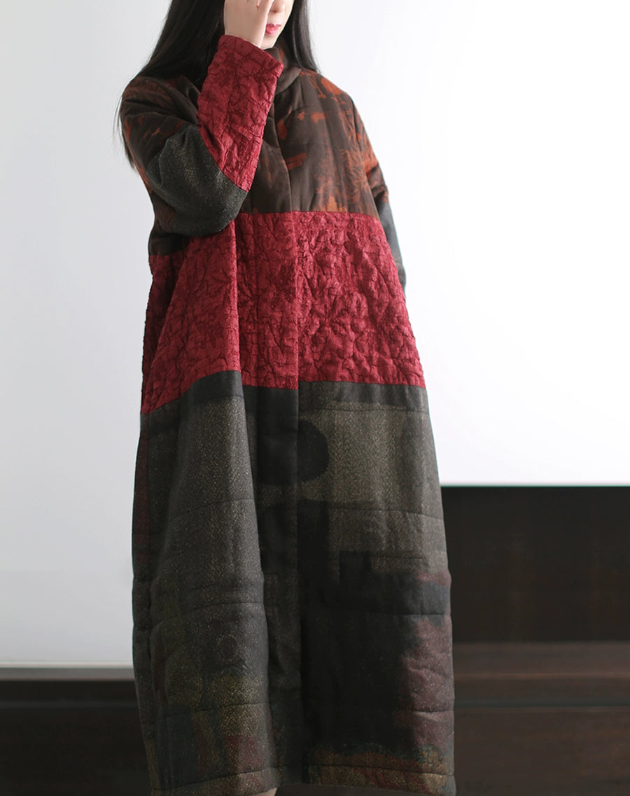 Women Winter Retro Spliced Stand Collar Padded Long Coat