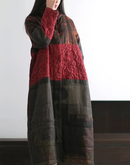 Women Winter Retro Spliced Stand Collar Padded Long Coat