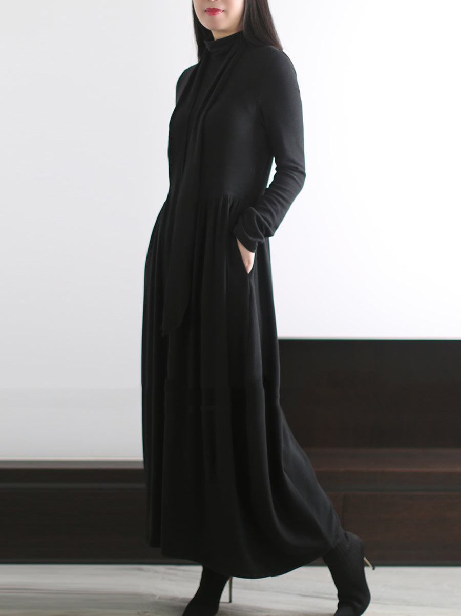 Women Autumn Pure Color Half-Turtleneck Dress