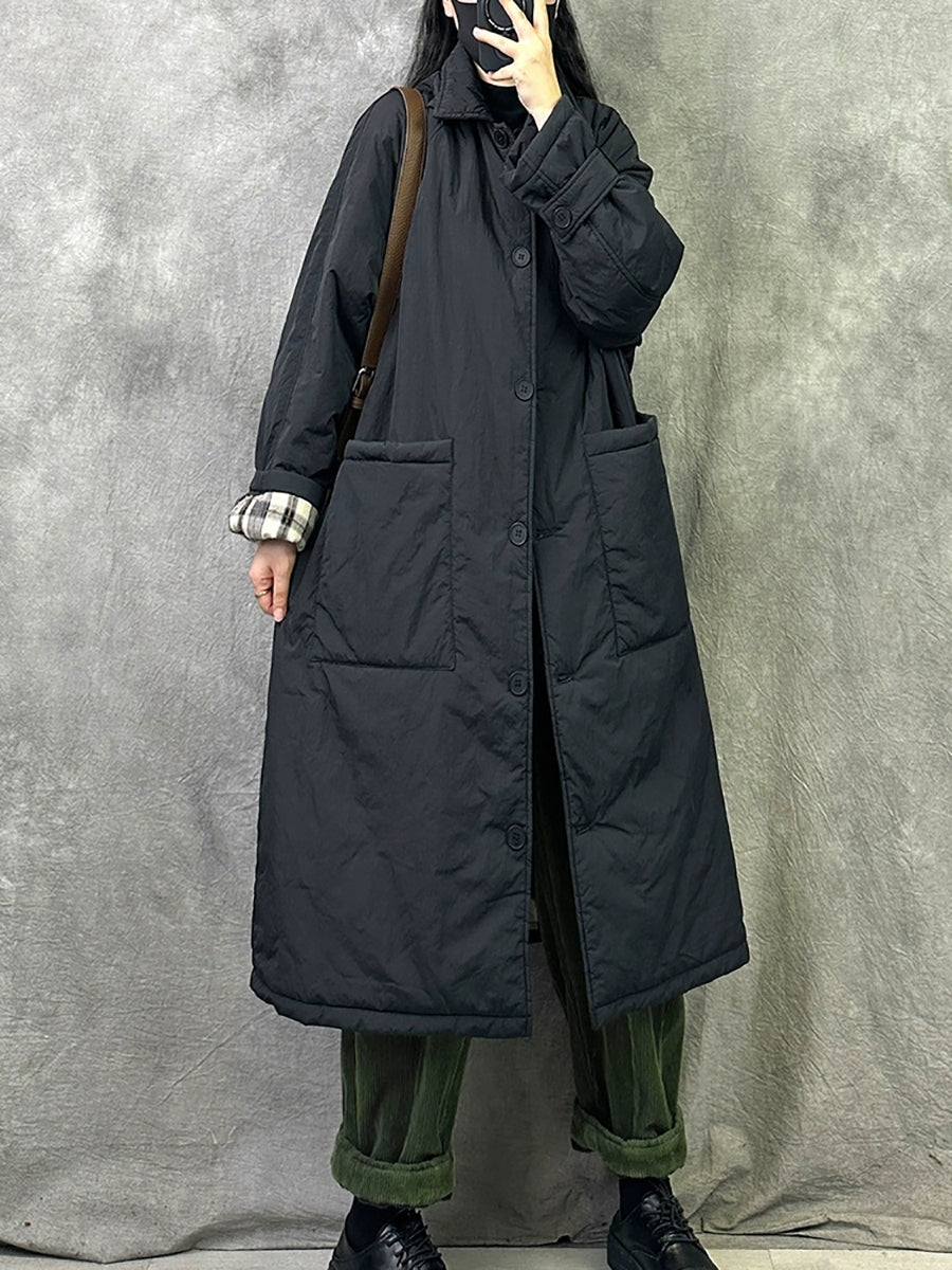 Women Winter Pure Color Turn-down Collar Long Padded Coat