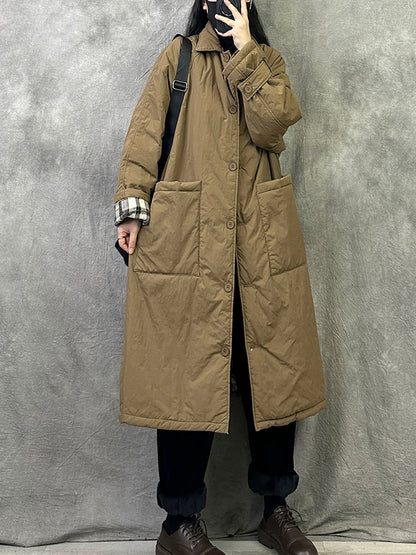 Women Winter Pure Color Turn-down Collar Long Padded Coat