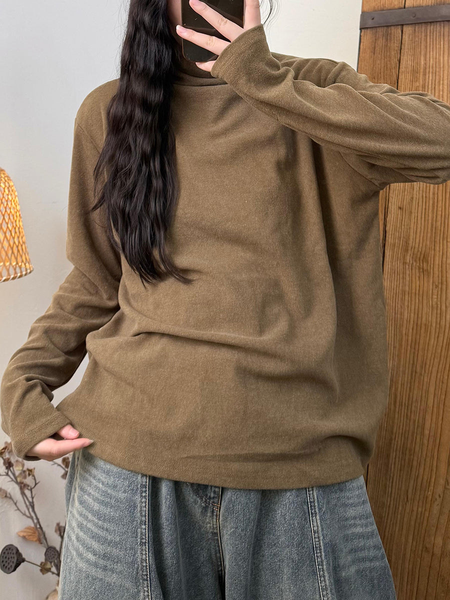 Women Autumn Casual Pure Color Turtleneck Blouse