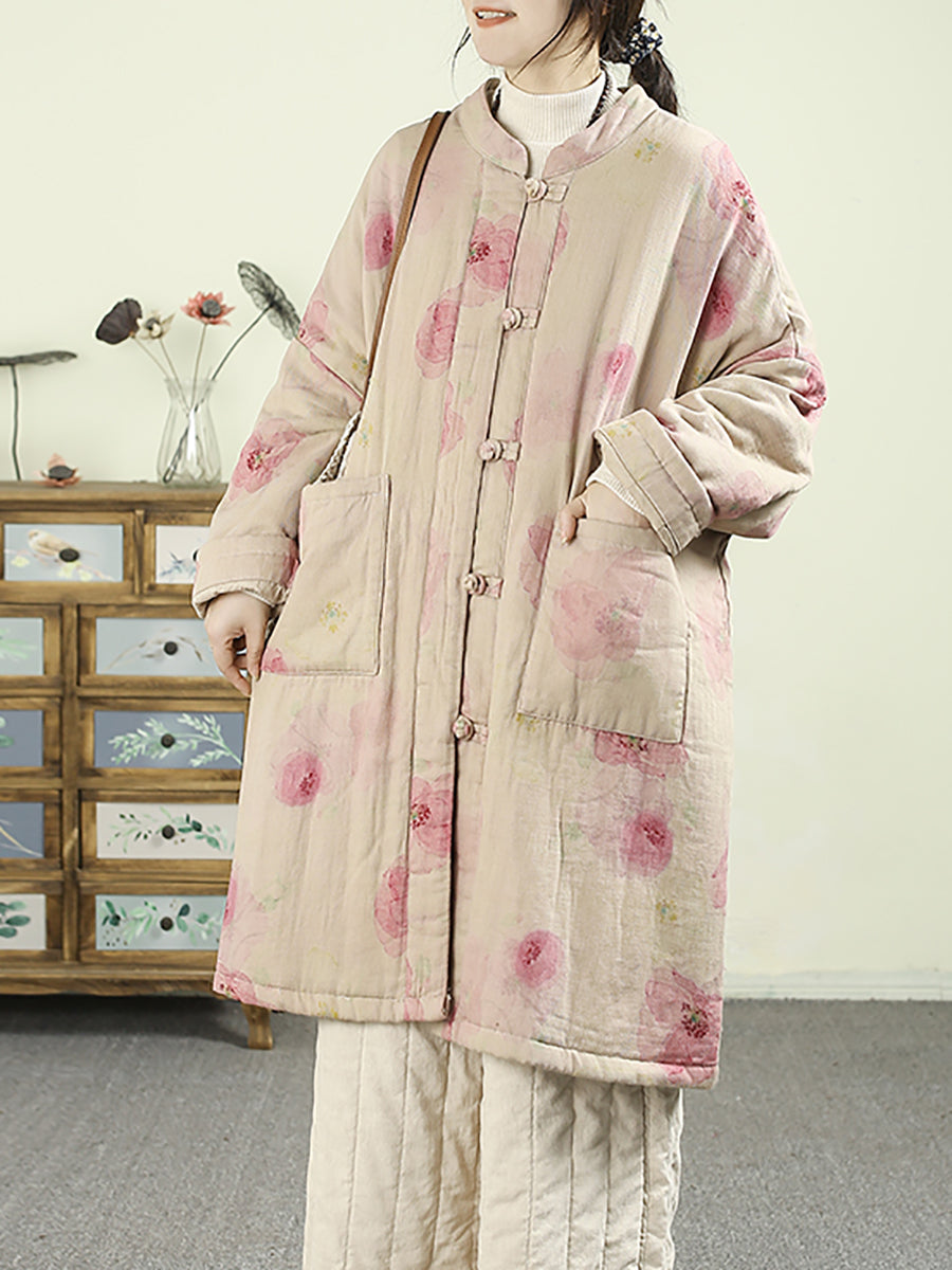 Women Ethnic Autumn Flower 100%Cotton Padded Coat