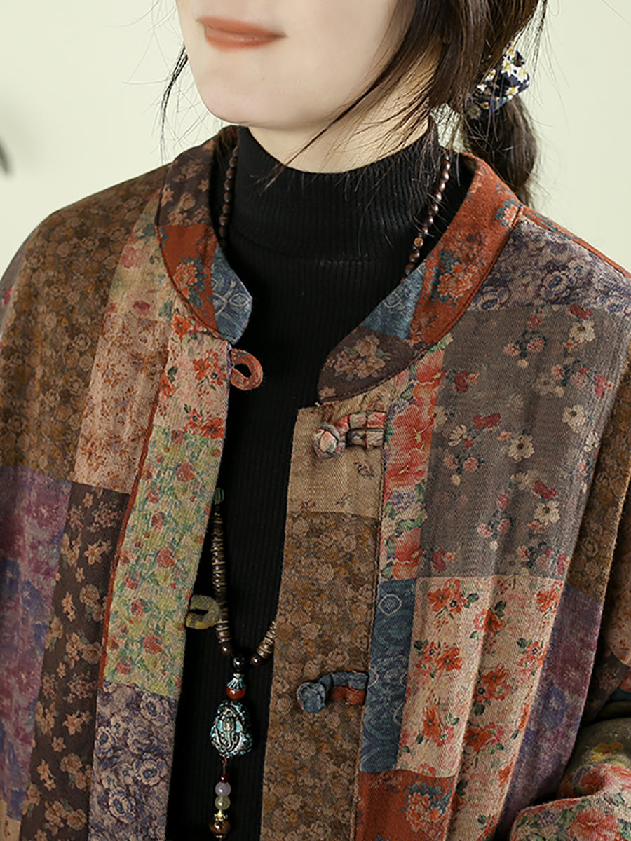 Women Ethnic Autumn Flower 100%Cotton Padded Coat