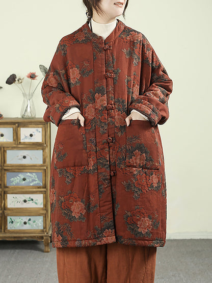 Women Ethnic Autumn Flower 100%Cotton Padded Coat