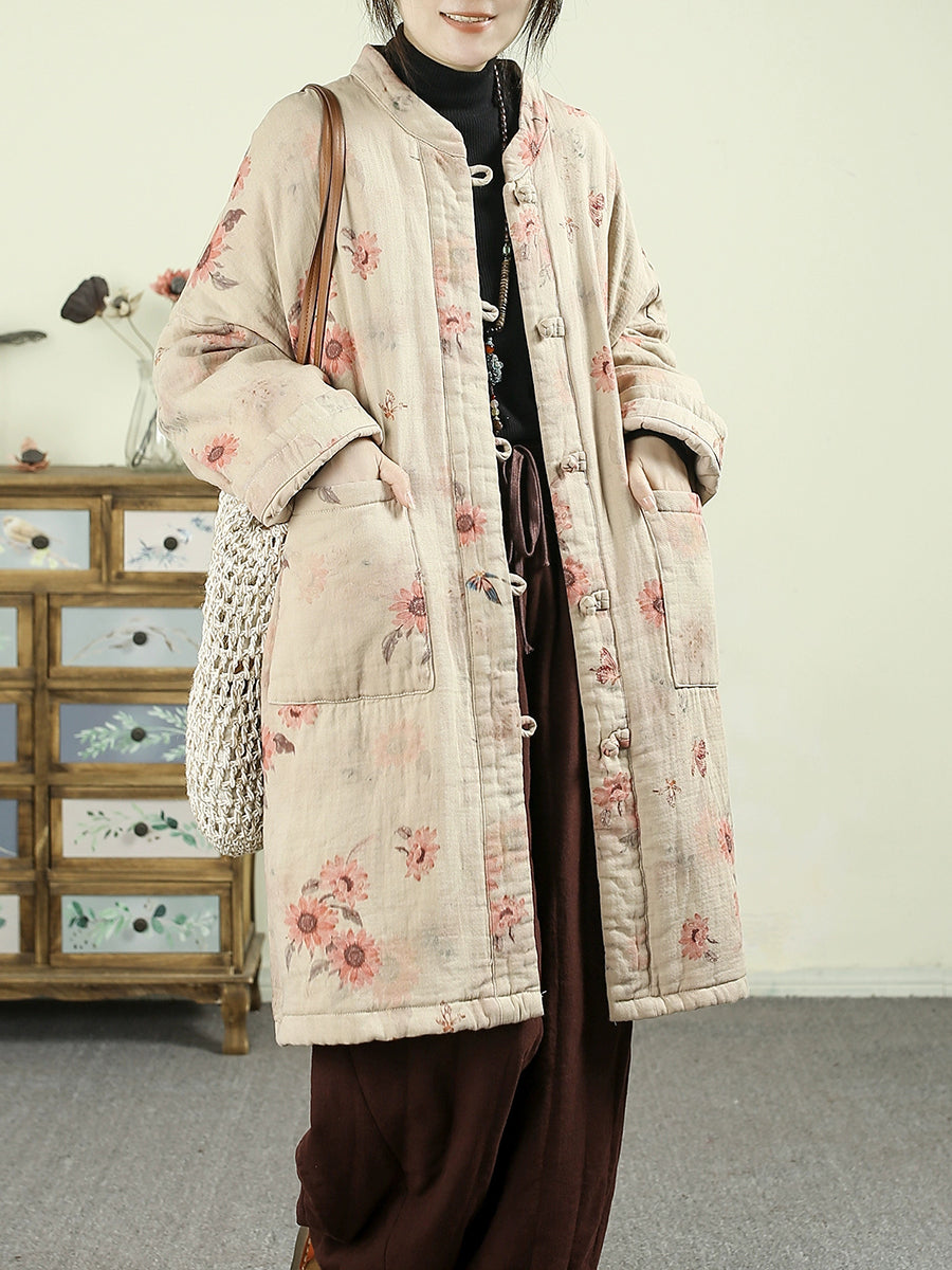 Women Ethnic Autumn Flower 100%Cotton Padded Coat