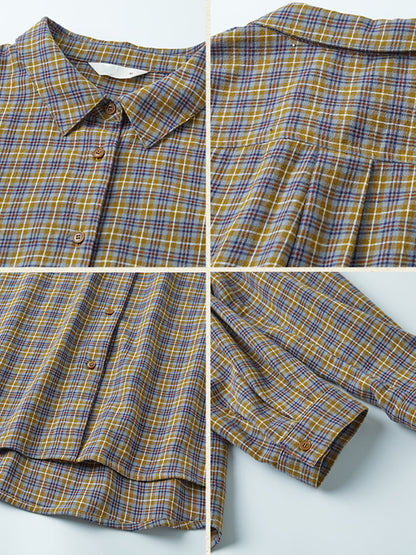 Women Autumn Artsy Plaid Turn-down Collar 100%Cotton Shirt