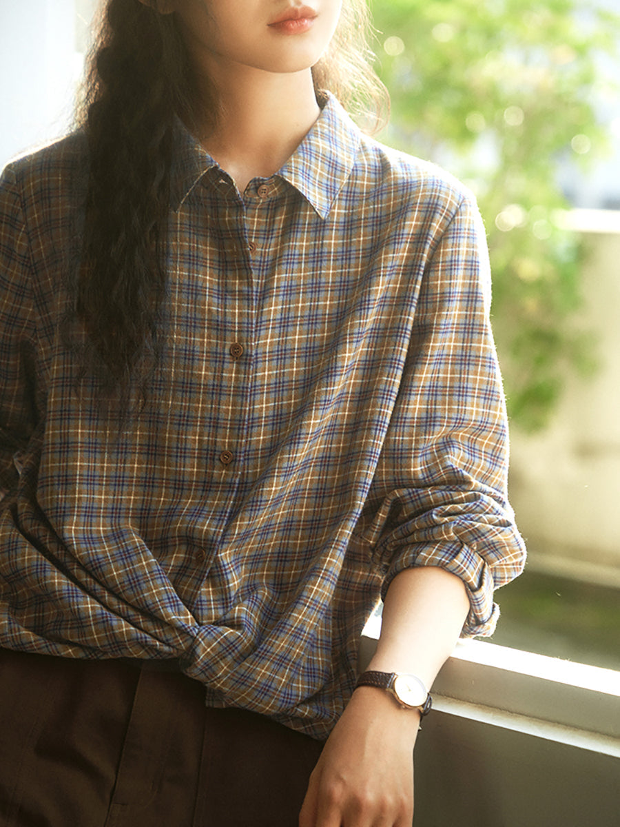 Women Autumn Artsy Plaid Turn-down Collar 100%Cotton Shirt