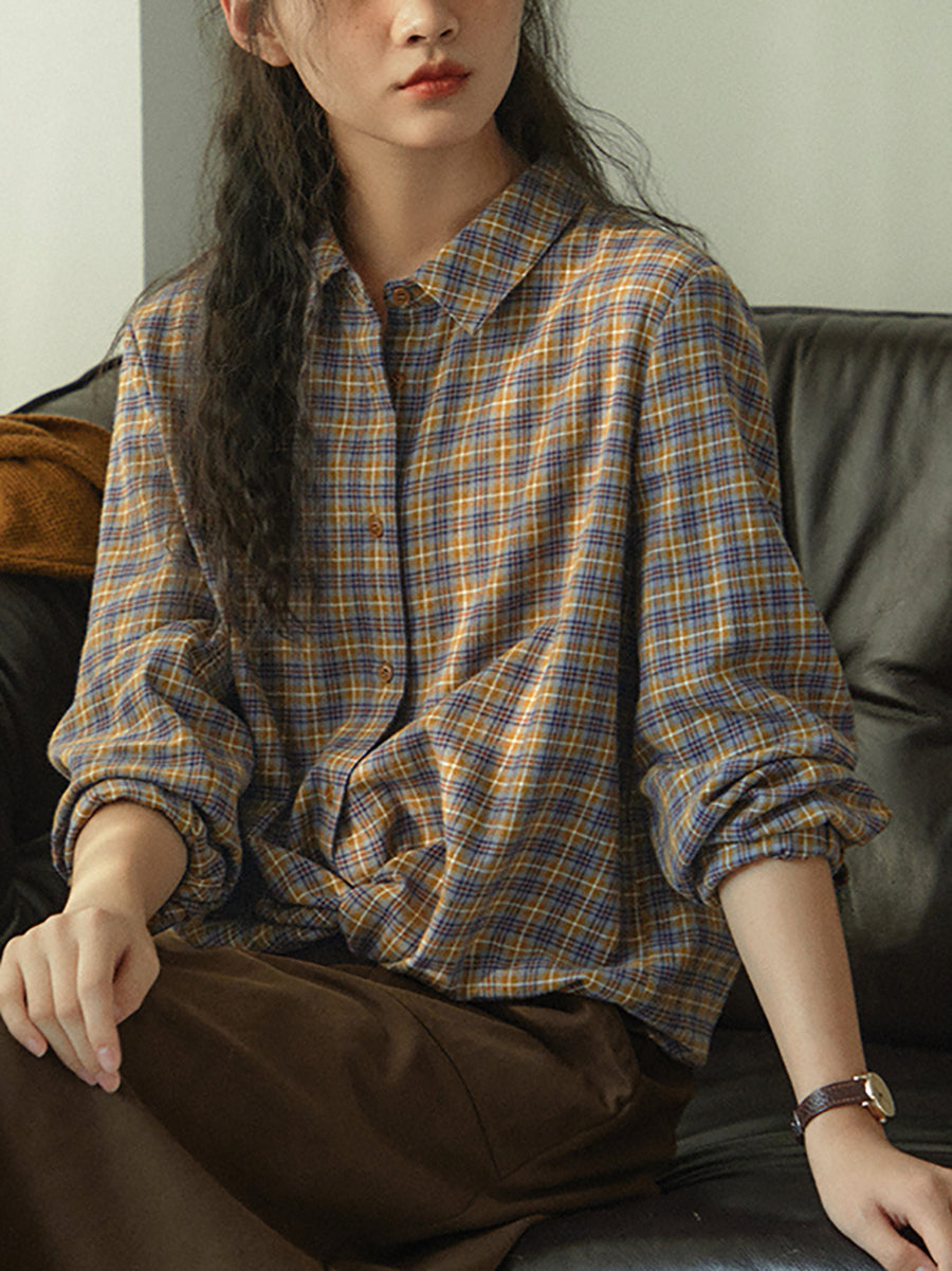 Women Autumn Artsy Plaid Turn-down Collar 100%Cotton Shirt