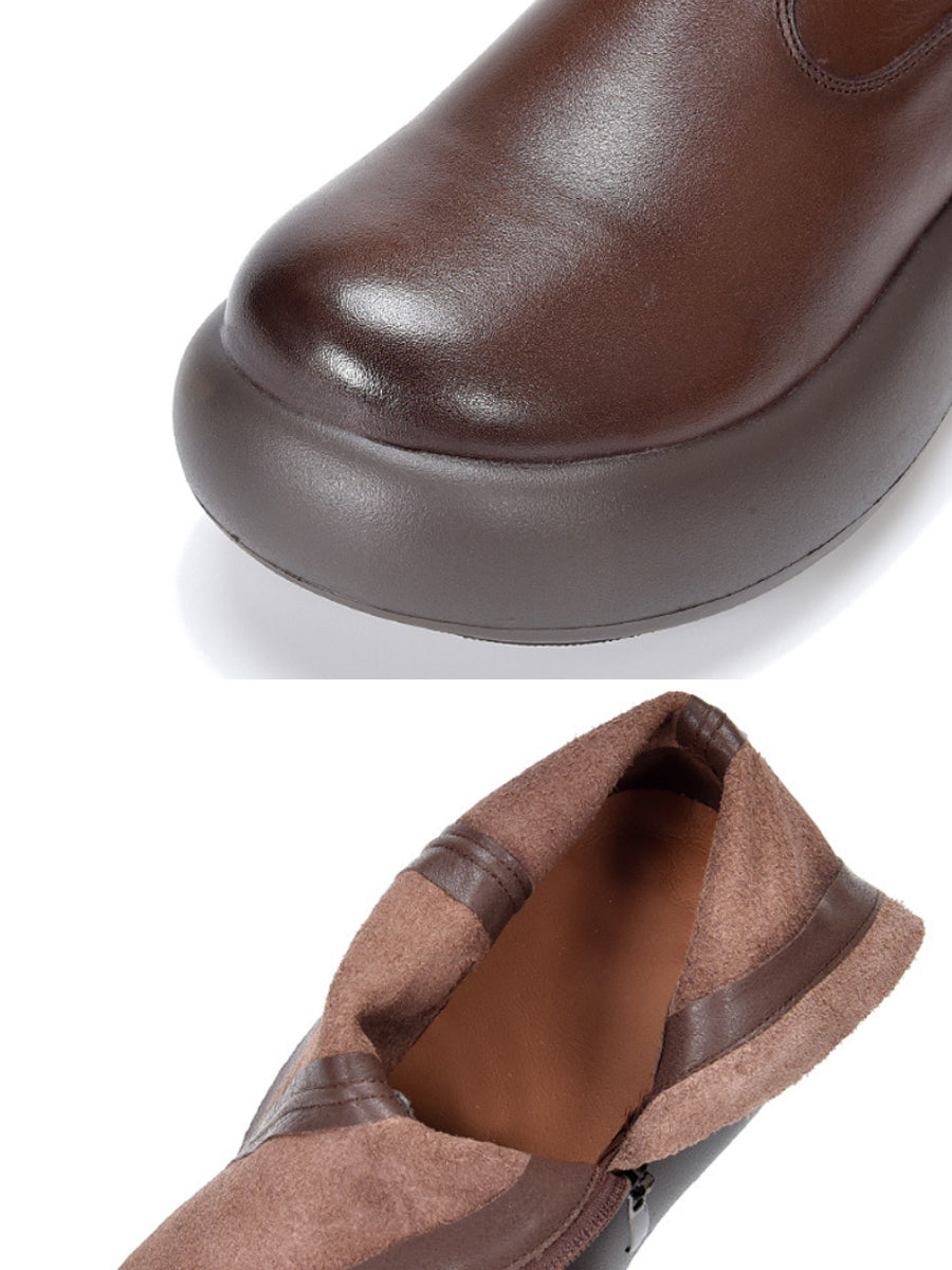 Women Vintage Winter Genuine Leather High Heel Platform Boots