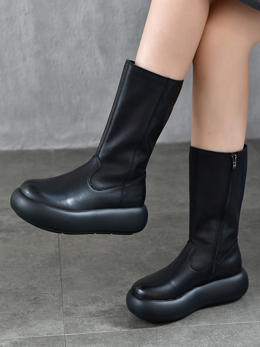 Women Vintage Winter Genuine Leather High Heel Platform Boots