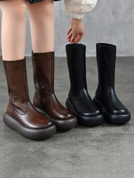 Women Vintage Winter Genuine Leather High Heel Platform Boots