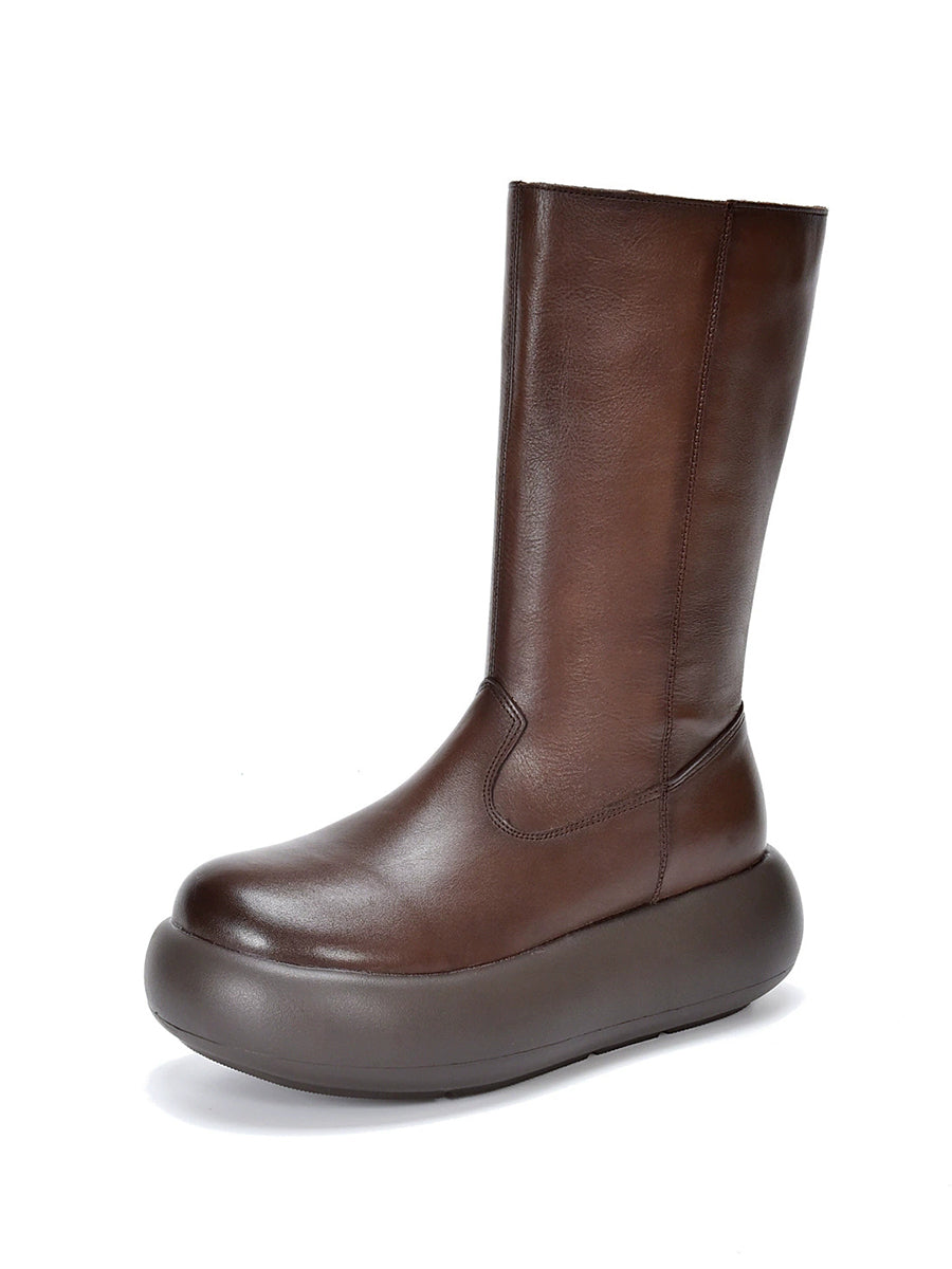 Women Vintage Winter Genuine Leather High Heel Platform Boots