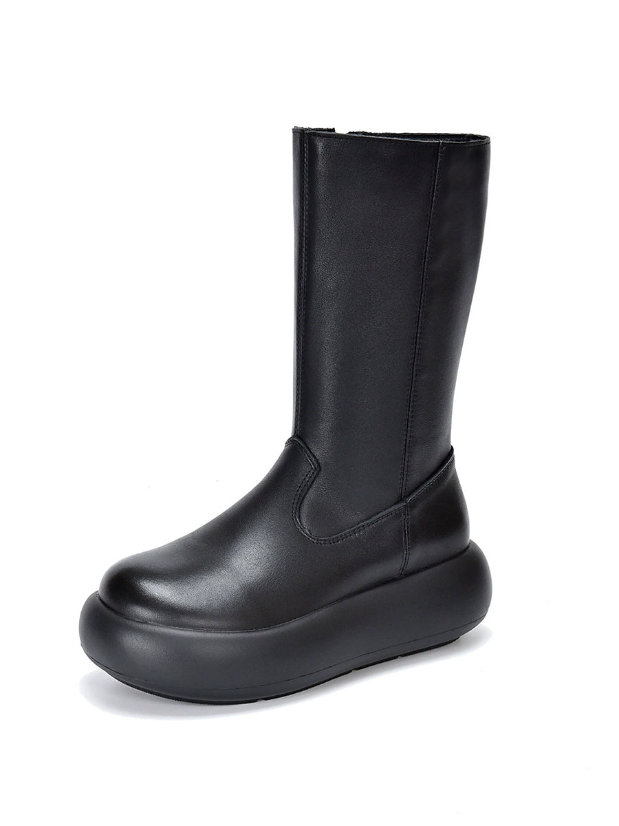 Women Vintage Winter Genuine Leather High Heel Platform Boots