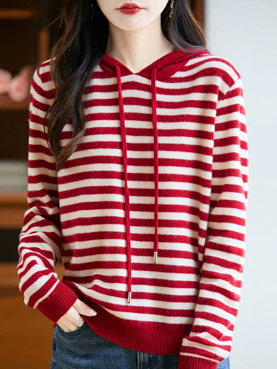 Women Autumn Casual Stripe Wool Knitted Hoodie
